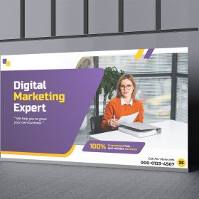 Digital marketing foam board with a woman’s portrait and purple and yellow graphics mounted indoors.