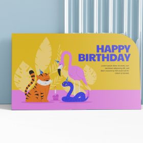 Yellow and purple birthday foam board with cartoon animals and “HAPPY BIRTHDAY” lettering.