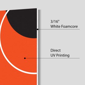 Foam board edge close-up labeled with white foamcore thickness and direct UV printing.