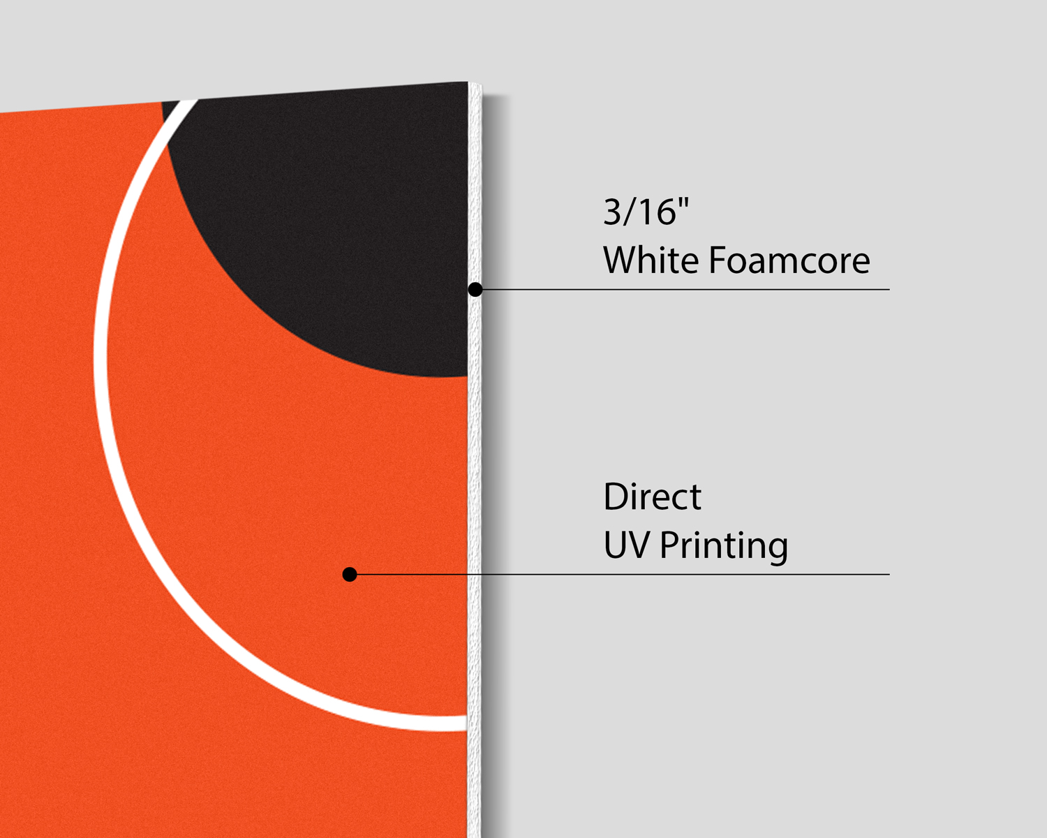 Foam board edge close-up labeled with white foamcore thickness and direct UV printing.