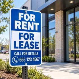 Blue For Rent For Lease sign on a post in front of a modern building