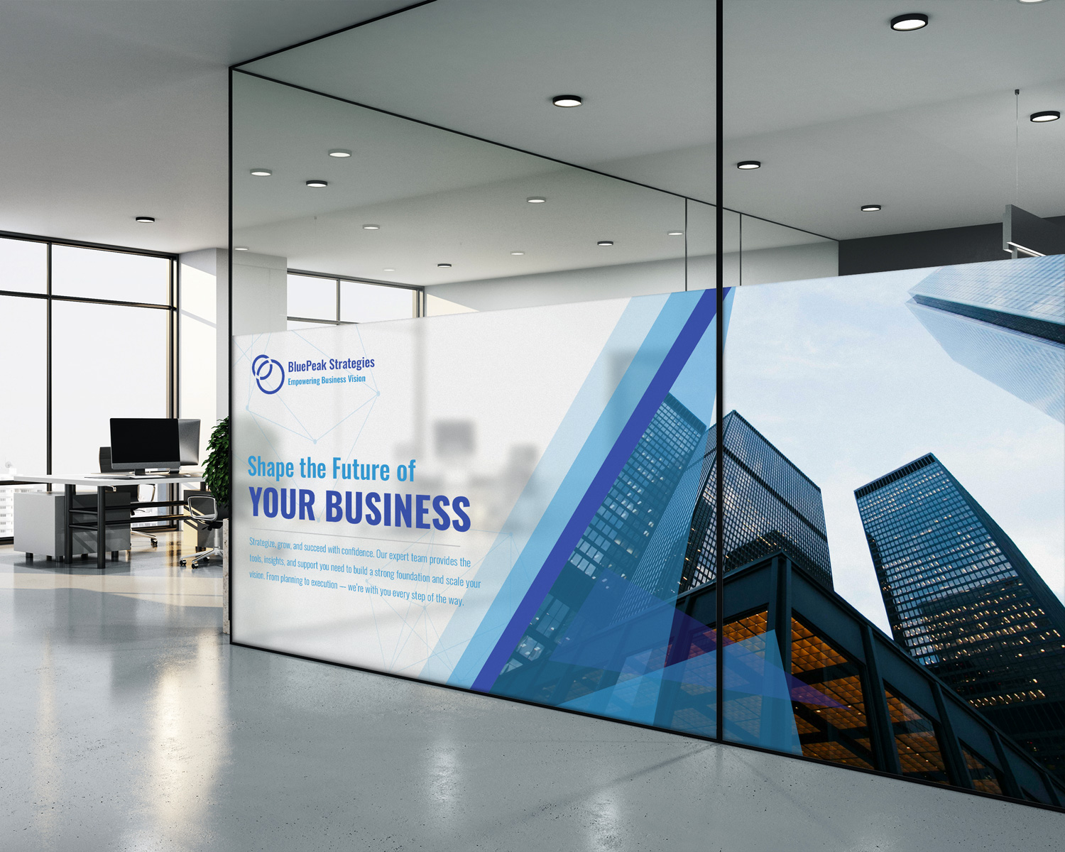 Blue and white business graphics applied to office glass partitions.