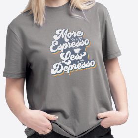 Person wearing a gray T-shirt with white decorative coffee lettering.