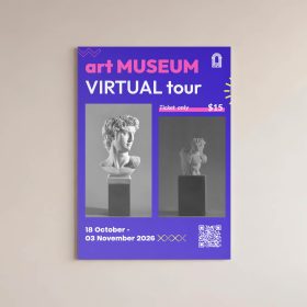 Purple museum poster with art photographs and a virtual tour promotion.