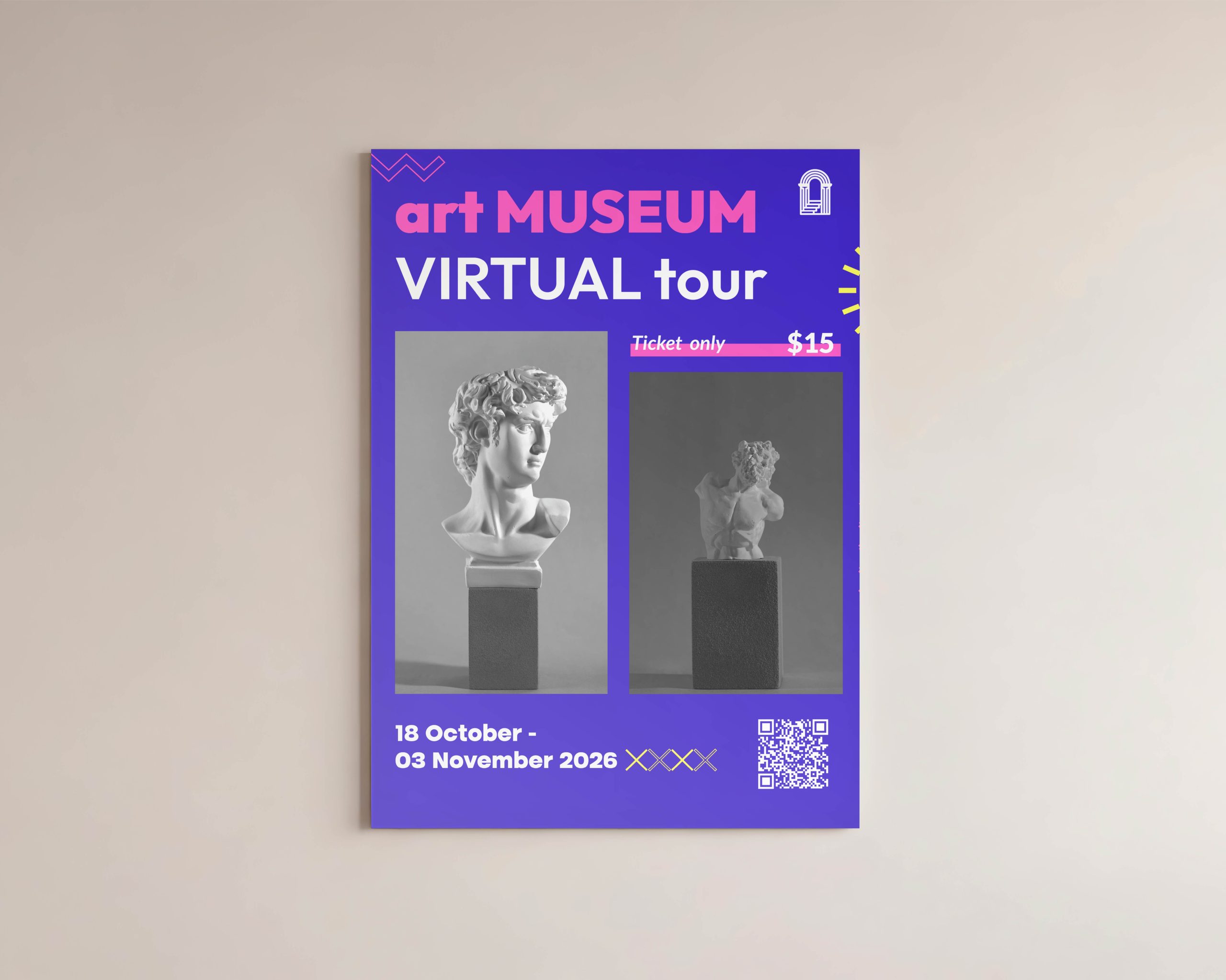 Purple museum poster with art photographs and a virtual tour promotion.