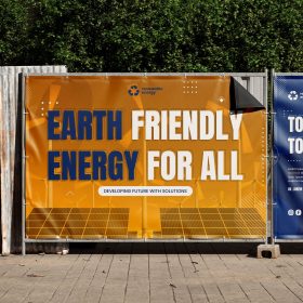 Yellow and orange banner reading “EARTH FRIENDLY ENERGY FOR ALL” mounted on an outdoor fence.