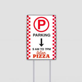 White pizzeria parking sign with a red checkered border, parking symbol, and downward arrow.