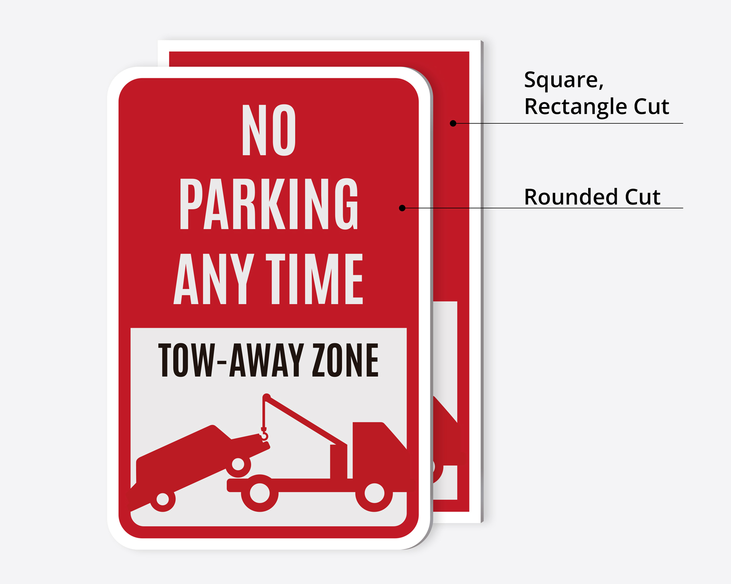 Red and white “NO PARKING ANY TIME” sign with annotations for rectangular and rounded cuts.