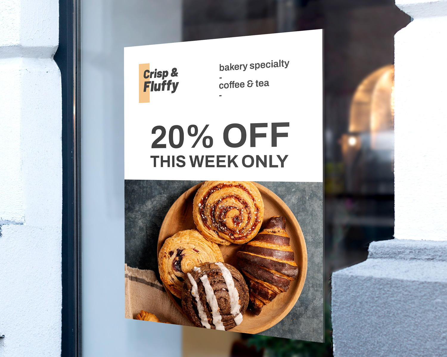 Bakery window cling with pastry photographs and “20% OFF” text.