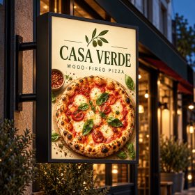 Illuminated blade sign face with a pizza design mounted outside a restaurant.