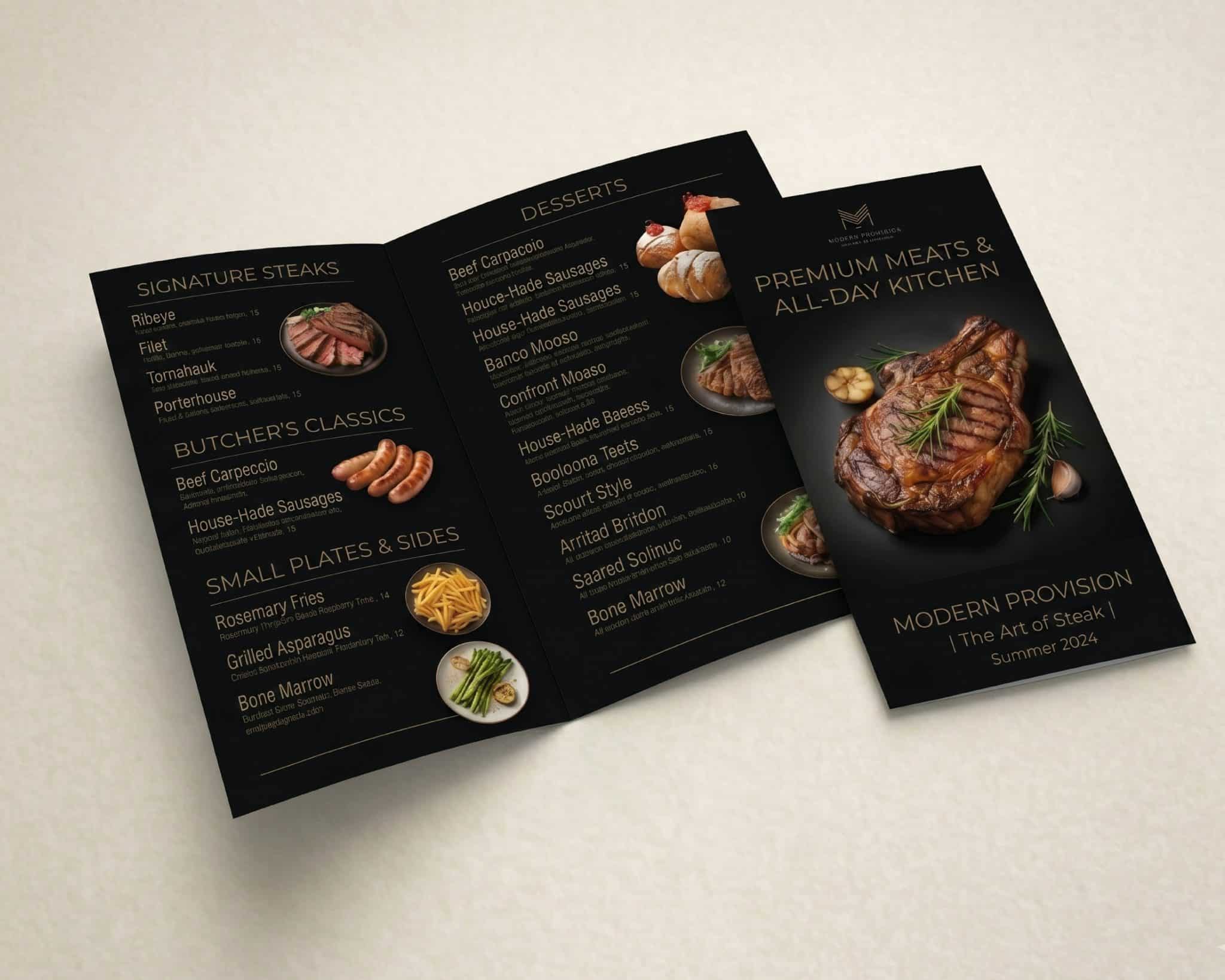 Open black restaurant menu with gold lettering and food photographs.