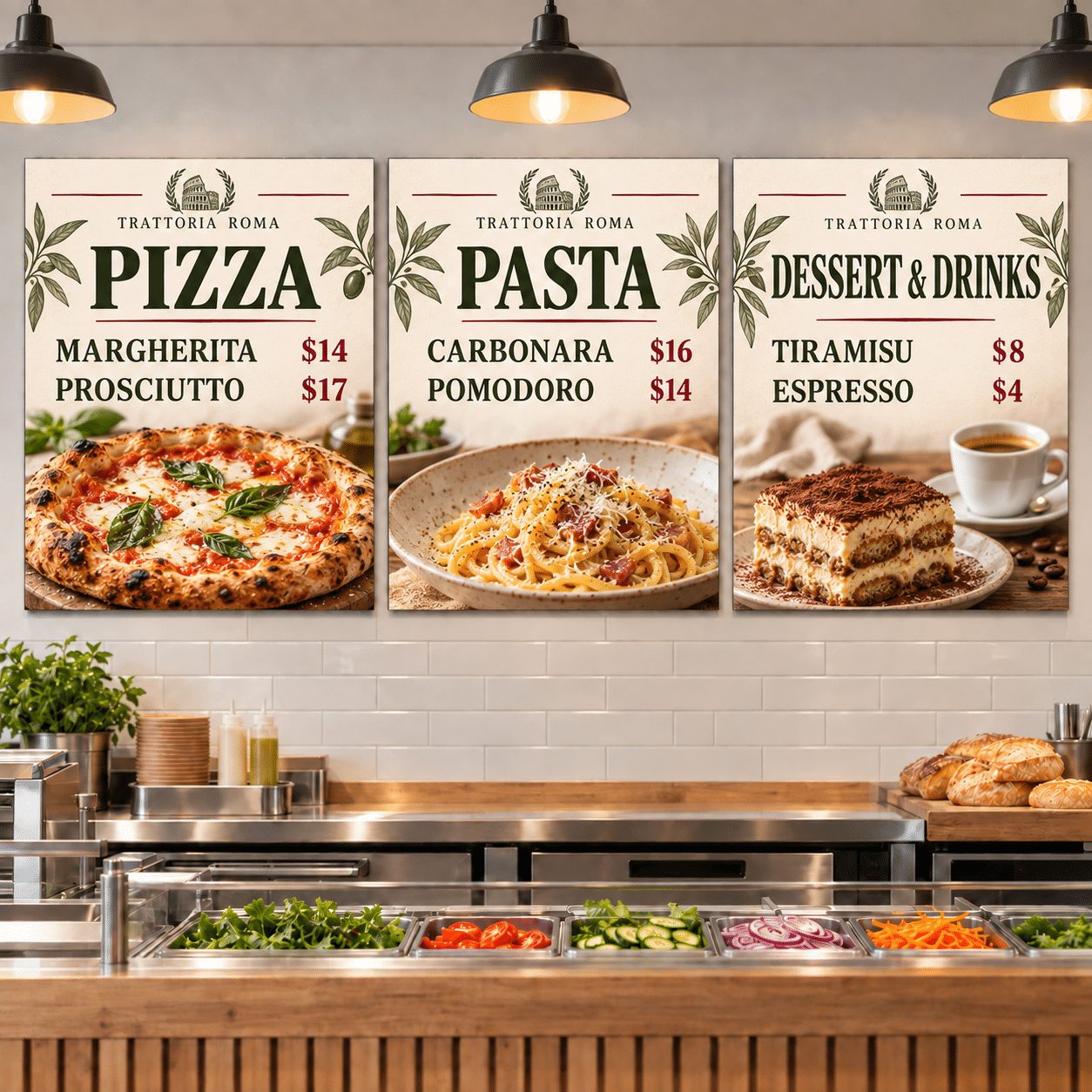 Three printed restaurant menu boards mounted on the wall behind a counter showing pizza, pasta and dessert prices
