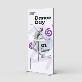 Narrow SEG fabric display with a dancer photograph and purple “Dance Day” artwork.