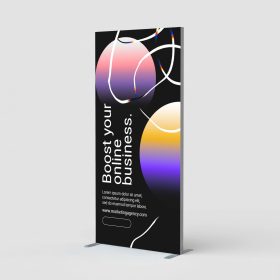 Black vertical SEG fabric display with colorful circular marketing graphics.