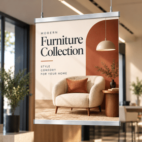 Snap poster hanger with a furniture collection poster in a furniture showroom