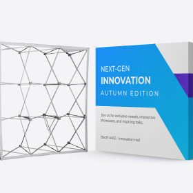 Metal pop-up display frame beside a blue and white innovation fabric panel.