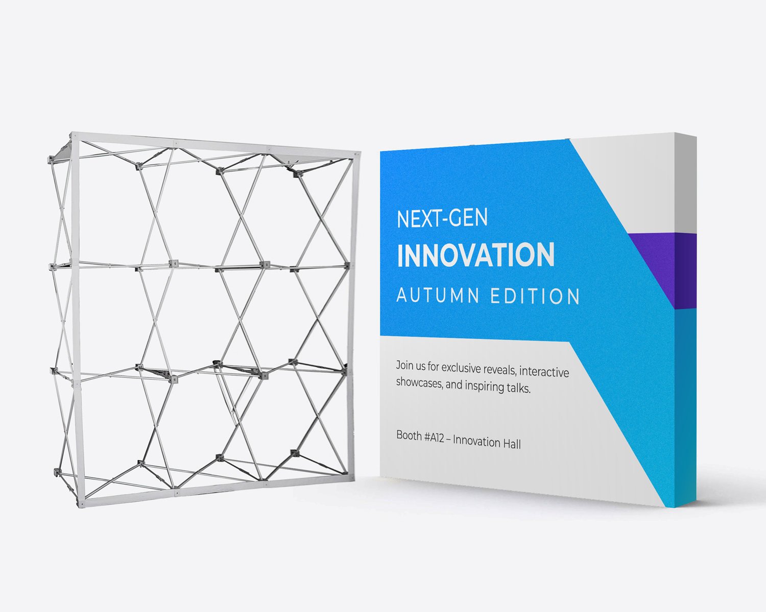 Metal pop-up display frame beside a blue and white innovation fabric panel.