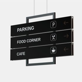 Black hanging directional sign panels for parking, a food corner, and a cafe.
