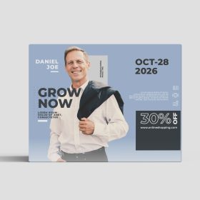 Straight fabric pop-up display with a man’s portrait and blue business graphics.