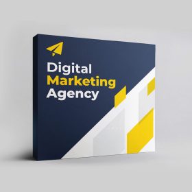 Straight fabric pop-up display with navy, white, and yellow digital marketing graphics.