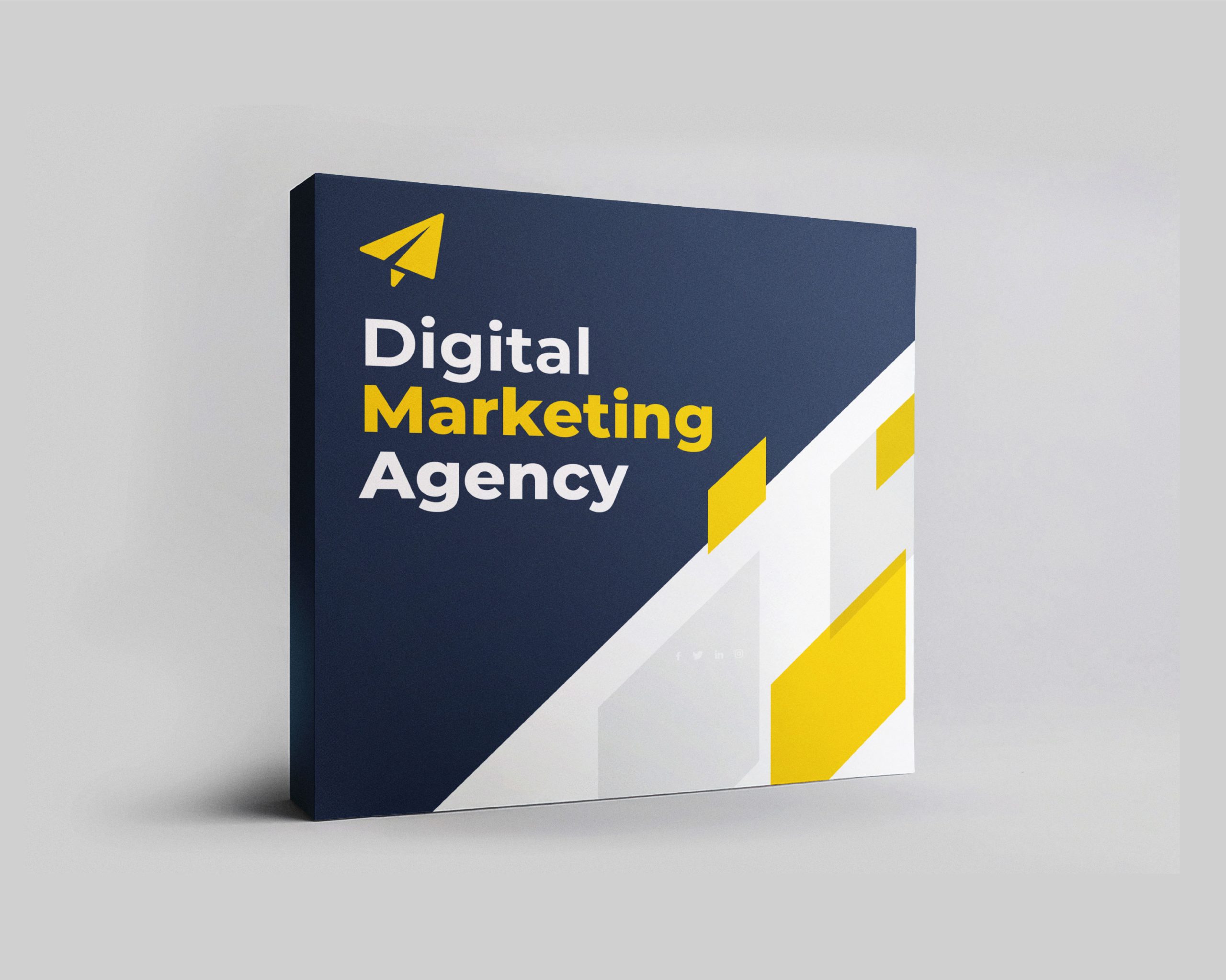 Straight fabric pop-up display with navy, white, and yellow digital marketing graphics.