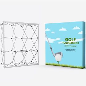 Metal pop-up display frame beside a turquoise golf tournament fabric panel.