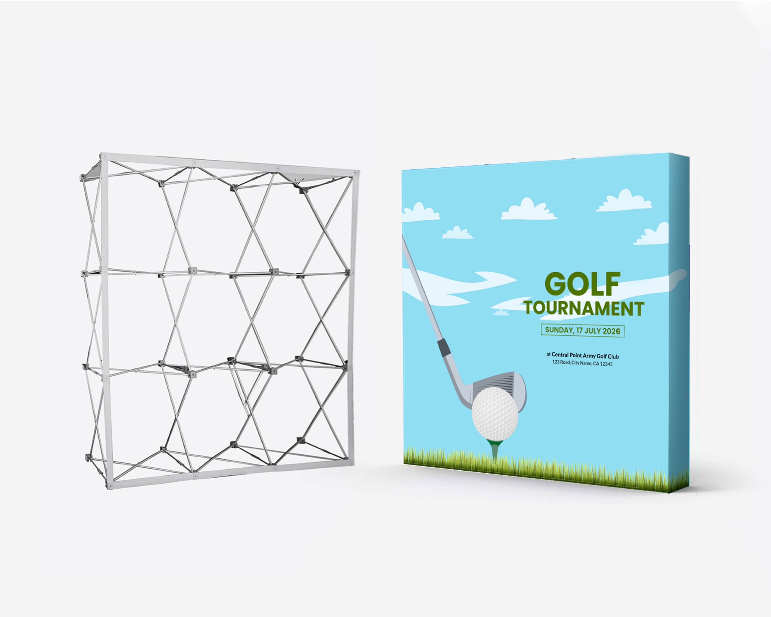 Metal pop-up display frame beside a turquoise golf tournament fabric panel.