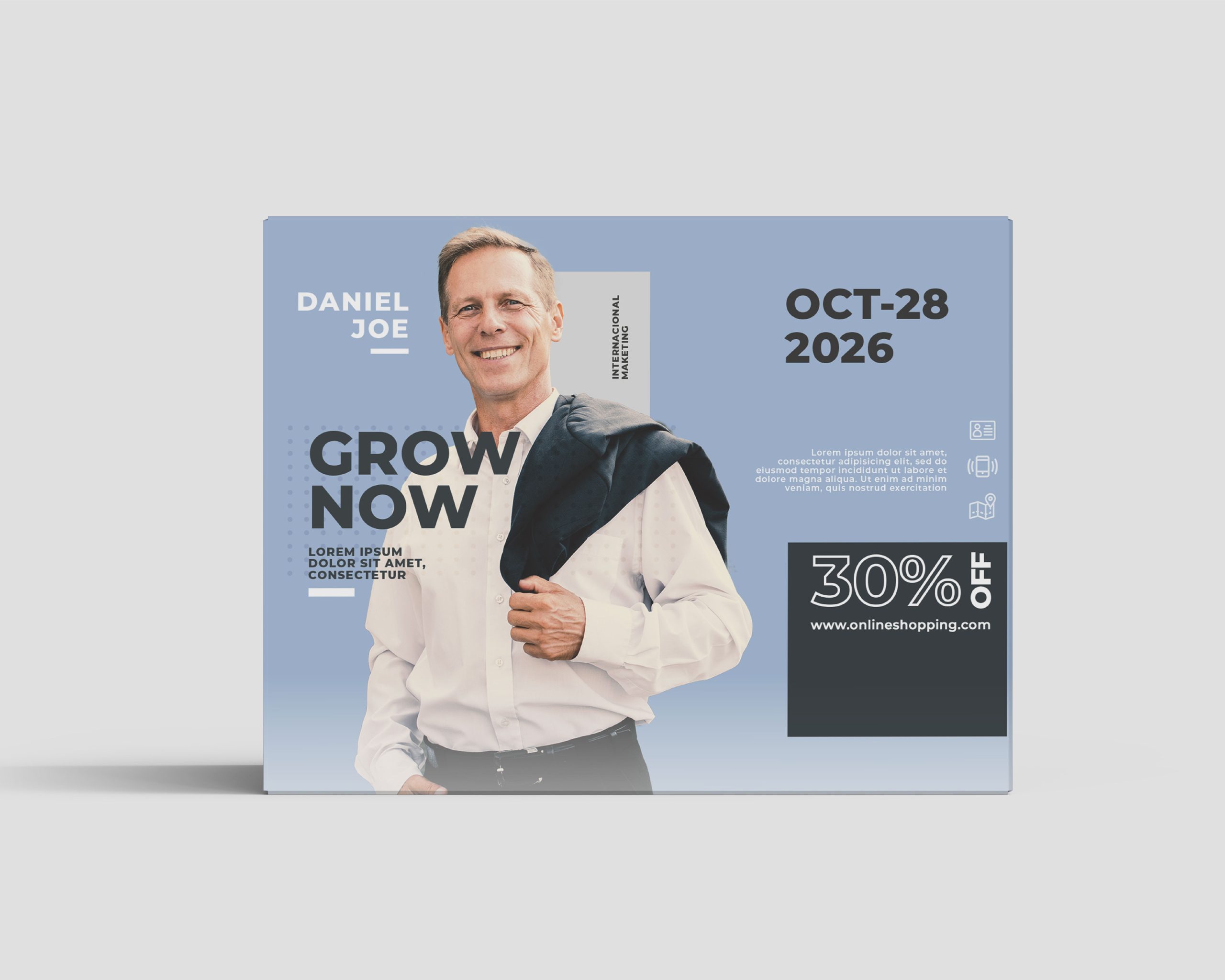 Straight fabric pop-up display with a man’s portrait and blue business graphics.