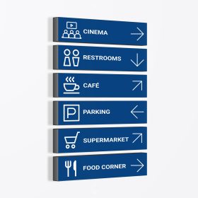 Stacked blue directional sign panels with white icons and arrows.