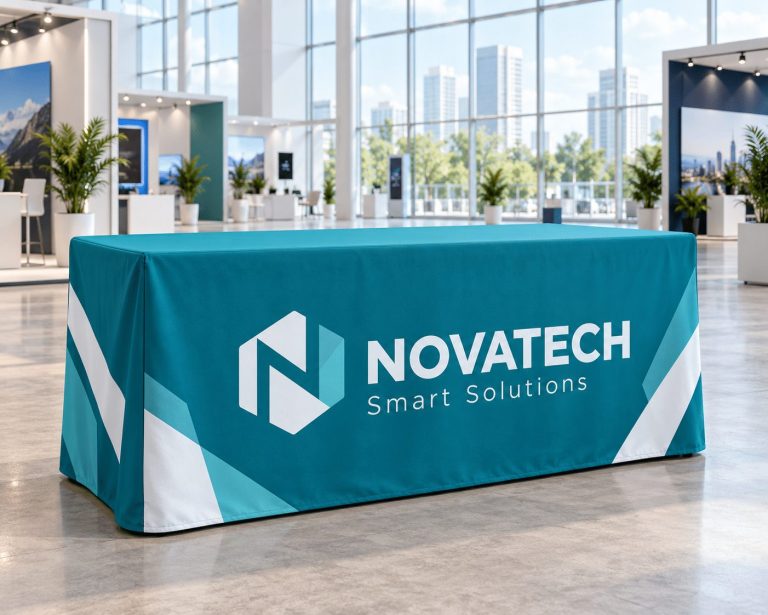 Branded 6ft fitted table cover at an expo booth