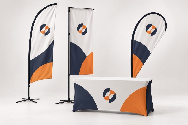 Feather, rectangle and teardrop flags with a printed table cover