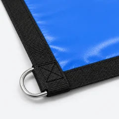 Banner edge with black nylon webbing and a metal D-ring