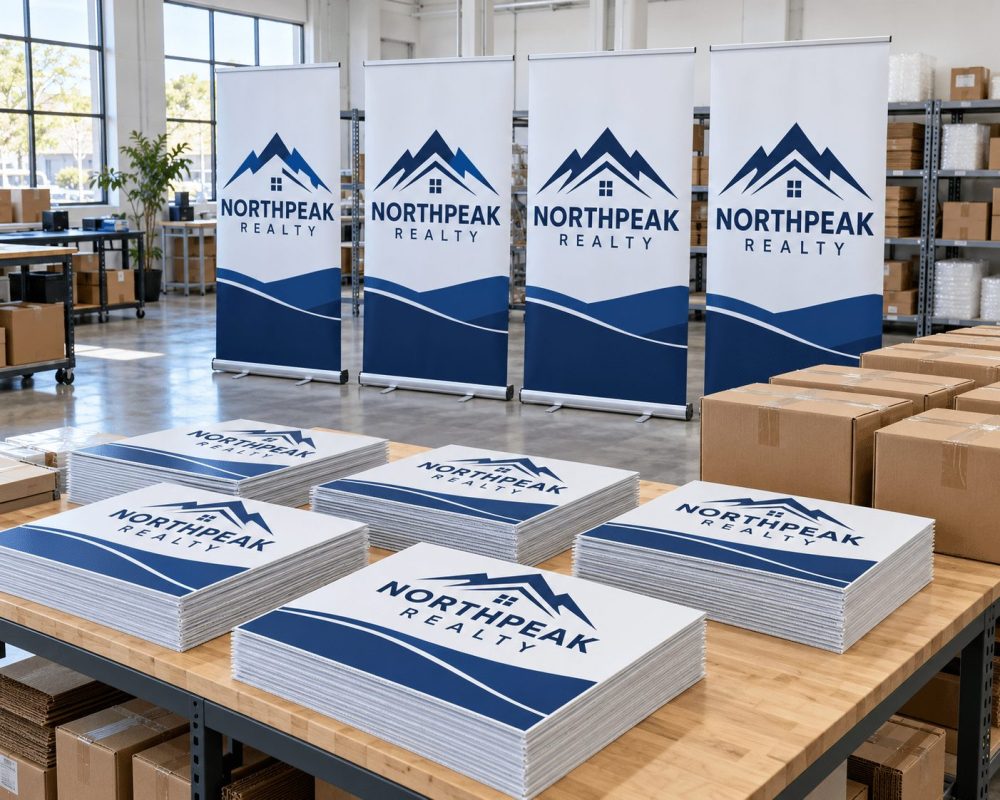 Bulk order of matching yard signs and retractable banners ready to ship