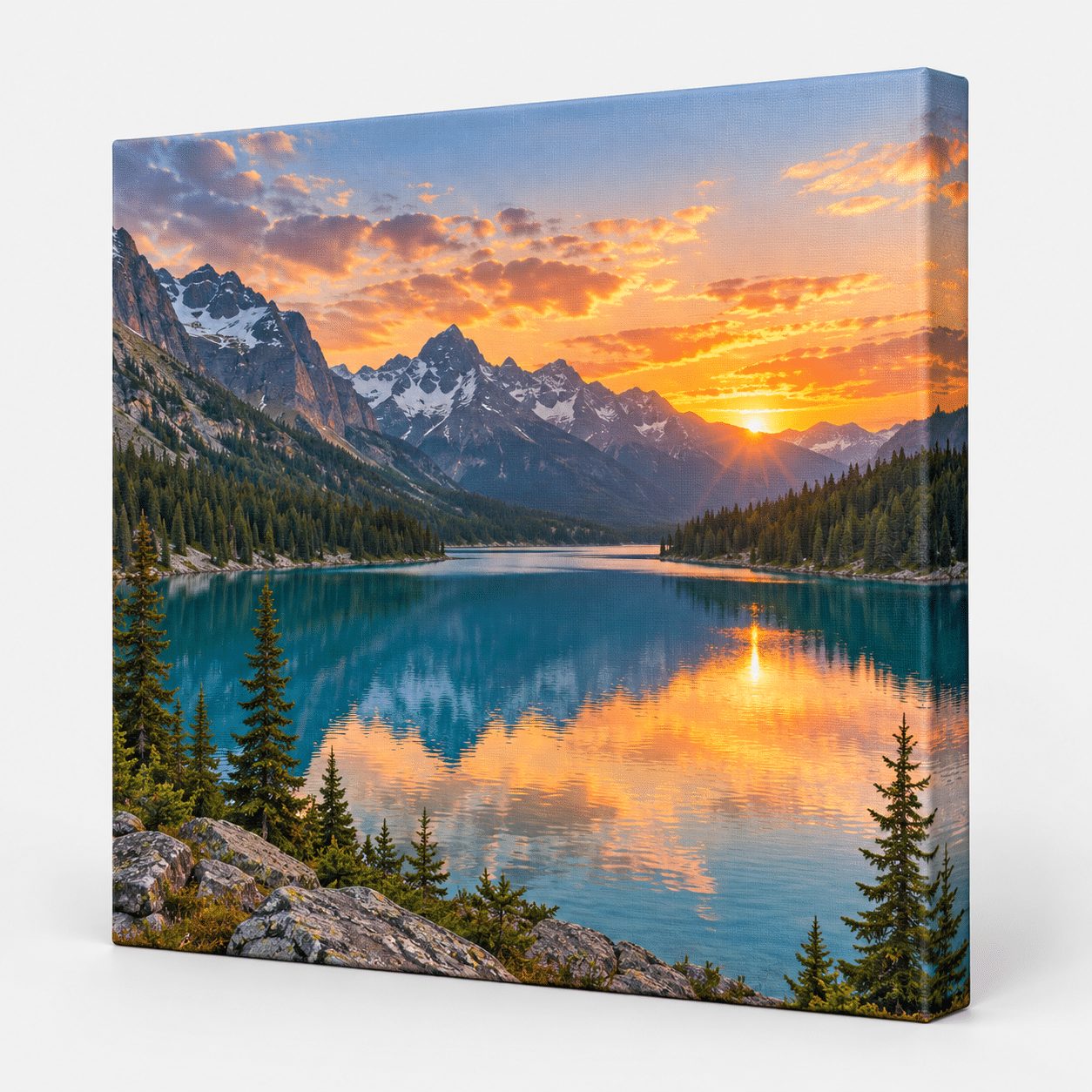 Gallery-wrapped canvas print with mountain lake sunset photo, wrapped edges on wooden frame