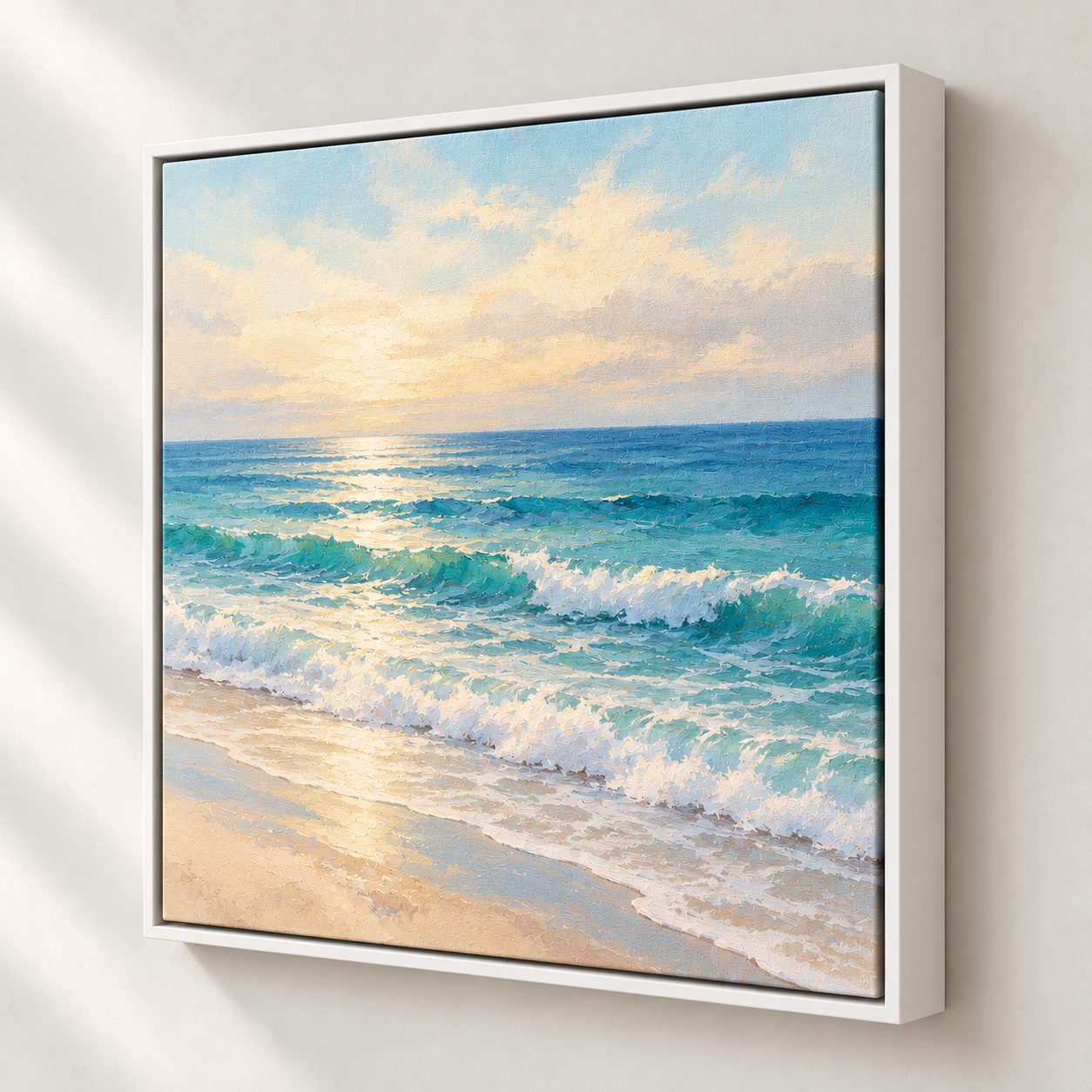 Coastal canvas print in a white floating frame hanging on a wall