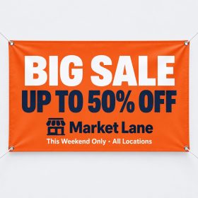 Orange blockout vinyl banner reading Big Sale Up to 50% Off