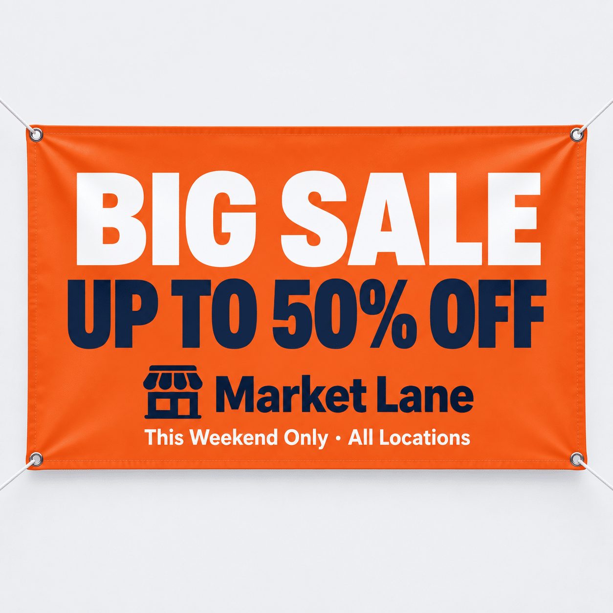Orange blockout vinyl banner reading Big Sale Up to 50% Off