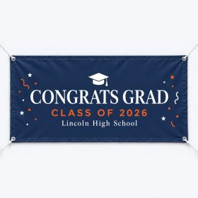 Navy graduation banner reading Congrats Grad Class of 2026 with a grad cap