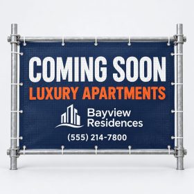 Navy mesh scaffolding banner reading Coming Soon Luxury Apartments zip-tied to a scaffolding frame