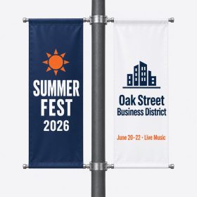 Pole banner set with two vertical banners on a street pole with metal brackets
