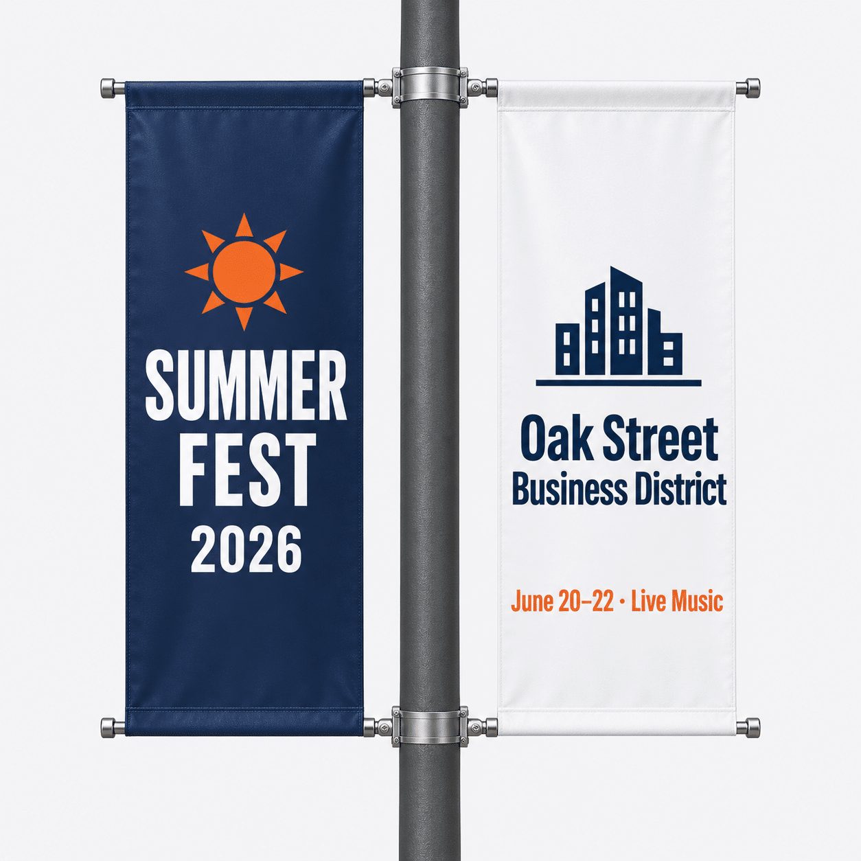 Pole banner set with two vertical banners on a street pole with metal brackets