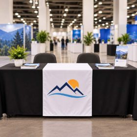 Custom printed table runner on a black table at a trade show booth