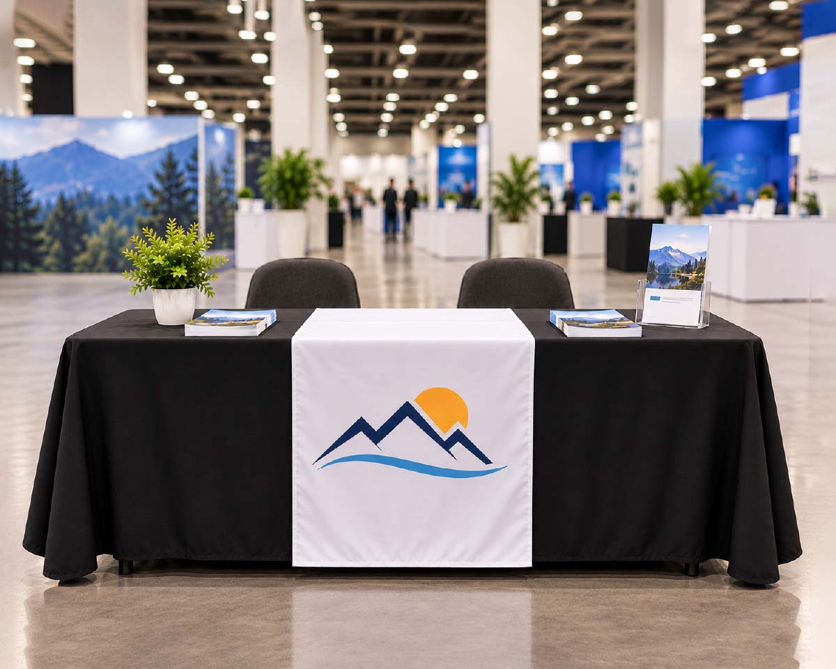 Custom printed table runner on a black table at a trade show booth