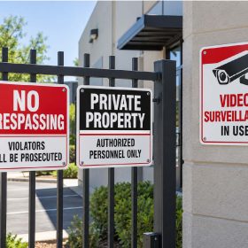 Custom security signs on a gate: No Trespassing, Private Property and Video Surveillance In Use