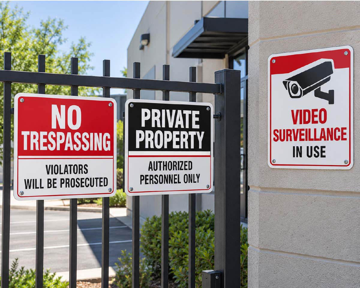 Custom security signs on a gate: No Trespassing, Private Property and Video Surveillance In Use