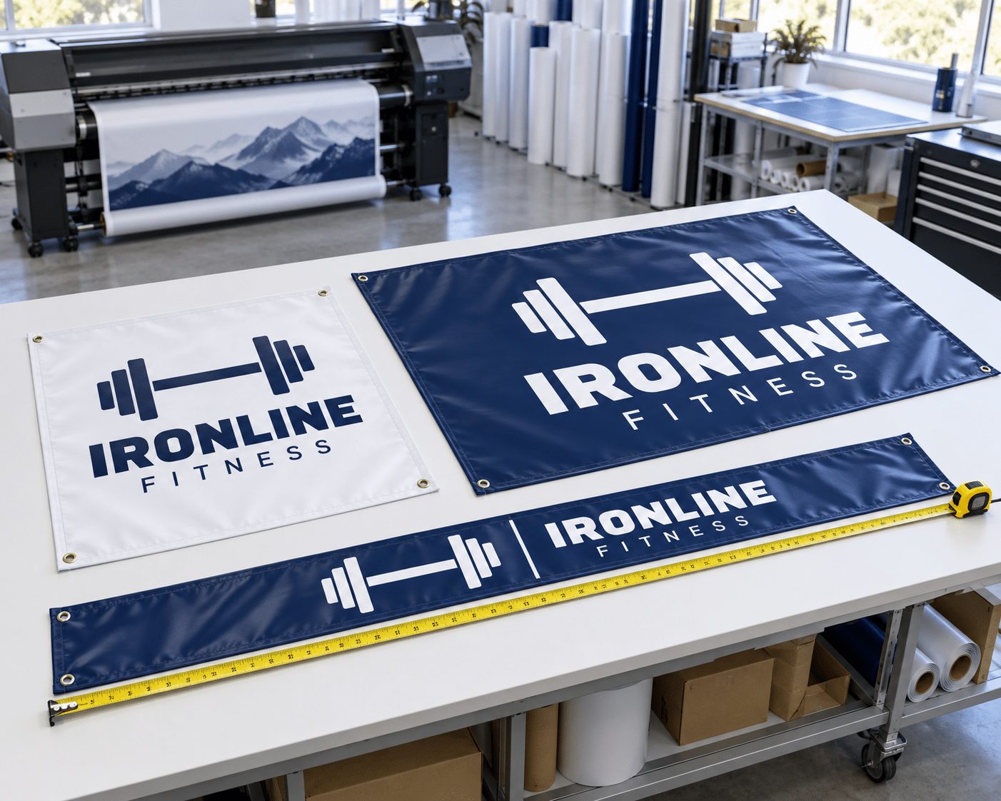 Custom vinyl banners in three sizes with a tape measure for custom sizing
