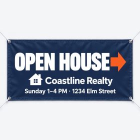 Navy real estate vinyl banner reading Open House for Coastline Realty