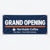 Custom navy vinyl banner with grommets reading Grand Opening for a coffee shop