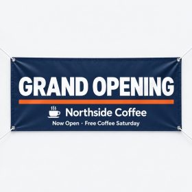 Custom navy vinyl banner with grommets reading Grand Opening for a coffee shop