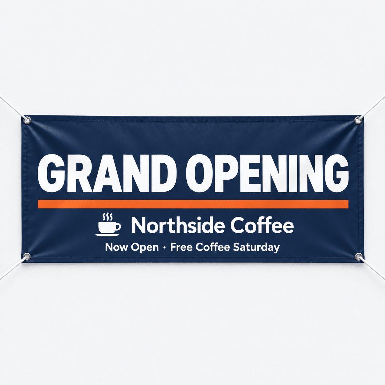 Custom navy vinyl banner with grommets reading Grand Opening for a coffee shop